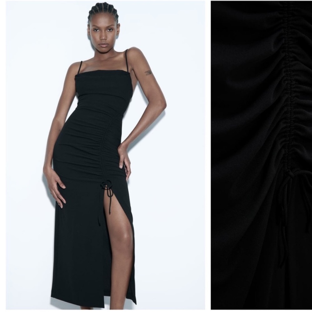 Zara Draped Ruched Midi Maxi Black Dress Size XS